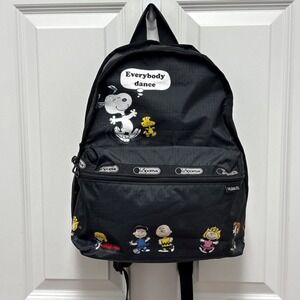 LeSportsac Peanuts Snoopy Woodstock Charlie Brown Black Backpack Dance Print